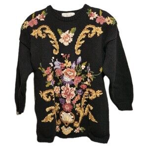 Vintage Jennifer Reed Too Hand Knit Floral Embroidered Sweater Black Size 1X